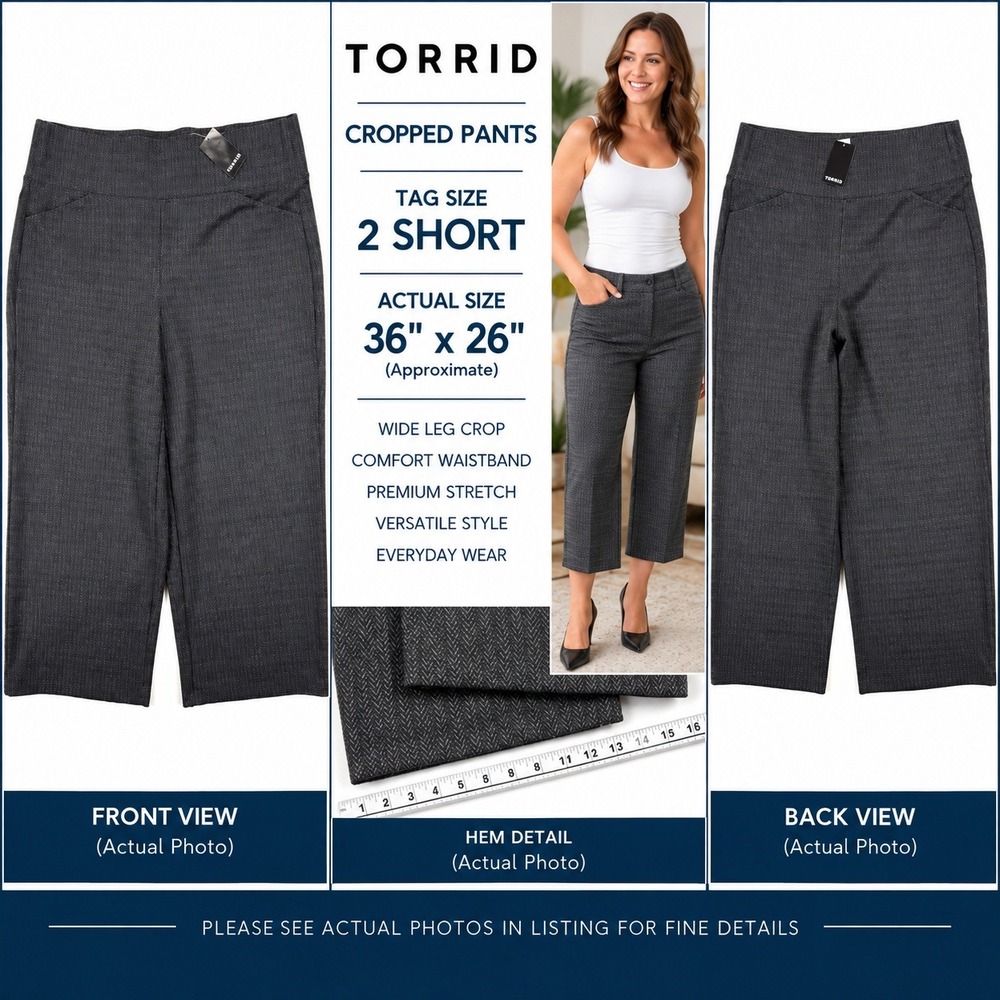 Torrid 2X Short Herringbone Crop Pants Black Gray Stretch Pull On Wide Leg #1936